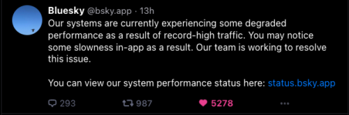 記録的なトラフィックによってパフォーマンスの問題が発生しているとBluesky公式アカウントが投稿
