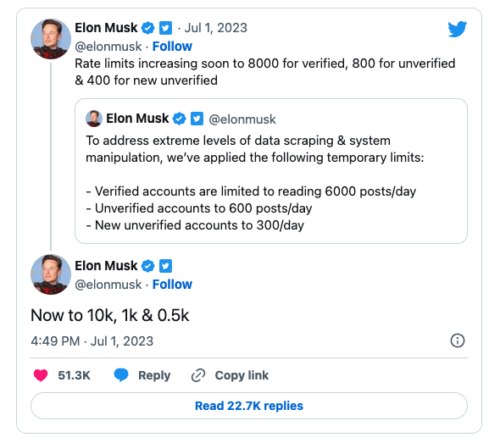 2023年7月1日にツイートアクセス制限を発表したElon Muskのツイート